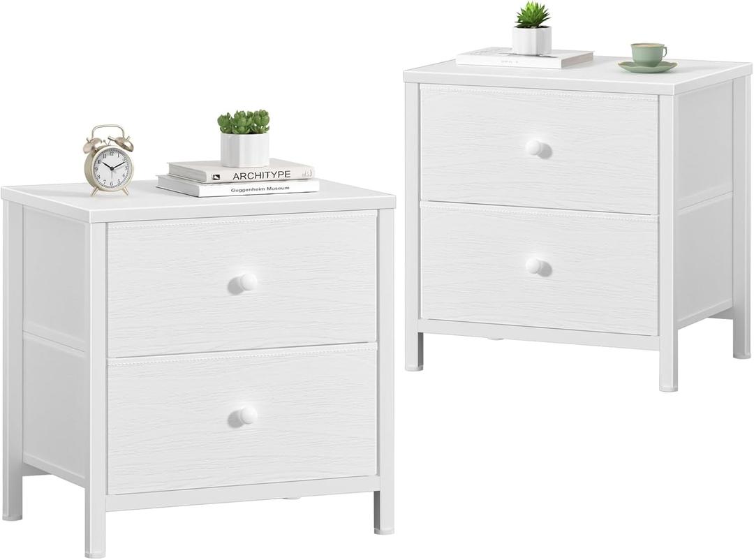 BOLUO White Nightstands Set of 2, Small Night Stand with 2 Fabric Drawer Dresser for Bedroom Dorm Bedside Table Modern