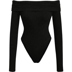 MakeMeChic Women's Casual Off Shoulder Ribbed Knit Long Sleeve Bodysuit Tee Shirts Leotard Tops (Black)
