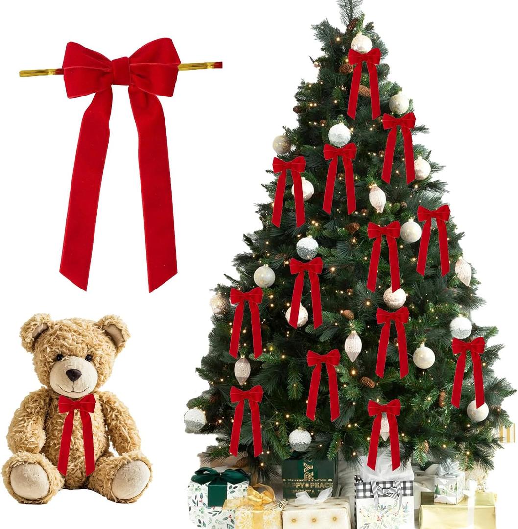 24 Pcs Red Velvet Bows - Red Velvet Bows for Christmas Tree, Tree Decorations, Xmas Ornaments & Festive Use