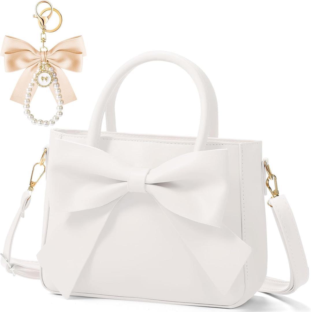 Abbylike Cute Purses for Women Mother Day Gift Leather Crossbody Bag with Bow Handbags with Adjustable Shoulder Strap (White)