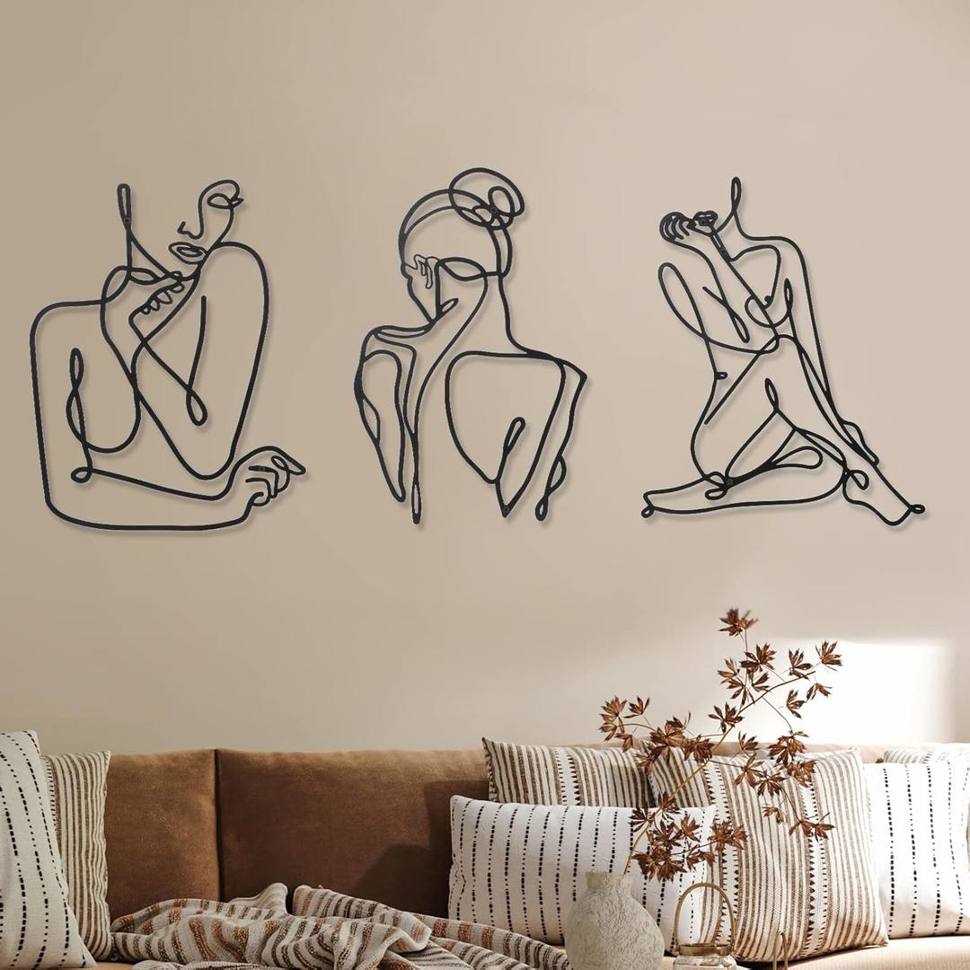 Photect 3 Pcs Metal Wall Art Decor Minimalist Abstract Woman Wall Art Metal Modern Line Drawing Decor Female Single Line Home Hanging for Bedroom Bathroom Living Room Christmas Housewarming(Modern) (13.7"L x 9.8"W)