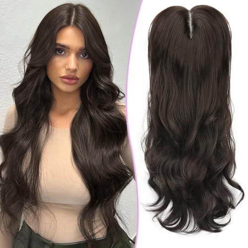 Eawwii Dark Brown Curls Long Synthetic Hair Topper for Women with Thinning 3D 360° Cover Clip in Wispy Bangs