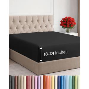 Extra Deep Queen Fitted Sheet - Hotel Luxury Single Fitted Sheet Only - Easily Fits 18 inch to 24 inch Mattress - Ultra Soft, Wrinkle Free w/Extra Deep Pockets - Easy-Care, Breathable & Comfy - Black