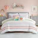 Full Comforter Set, Cotton Comforter Set, Casual Fun Colors Chenille Stripes, All Seasons Fluffy Comforter Bed Set, 2 Shams, 2 Decor Pillows, Haisley, Full/Queen, Pink Multi 5 Piece