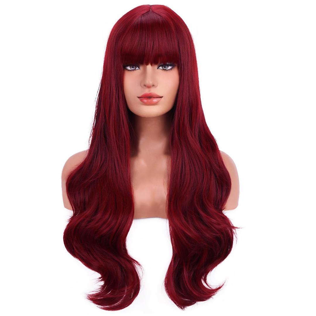 BERON Red Wig Long Wavy Wig with Bangs for Women Long Wigs Wine Red Wigs for Daily Party Hairnet Included