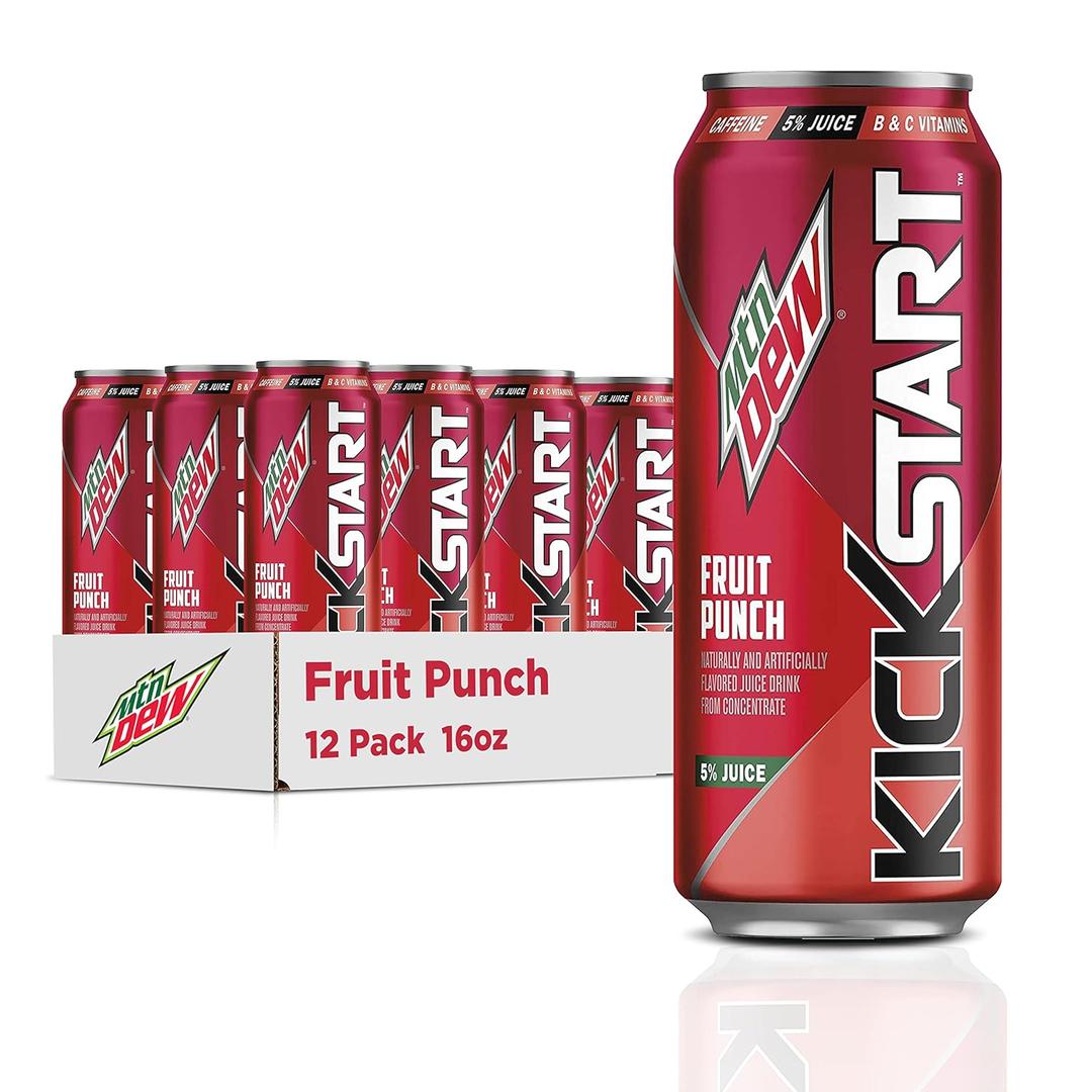 Mountain Dew Kickstart, Fruit Punch, 92mg Caffeine, Vitamins B & C, 80 Calories, 5% Juice, 16 fl oz (12 Count), BBD: 02.05.2026