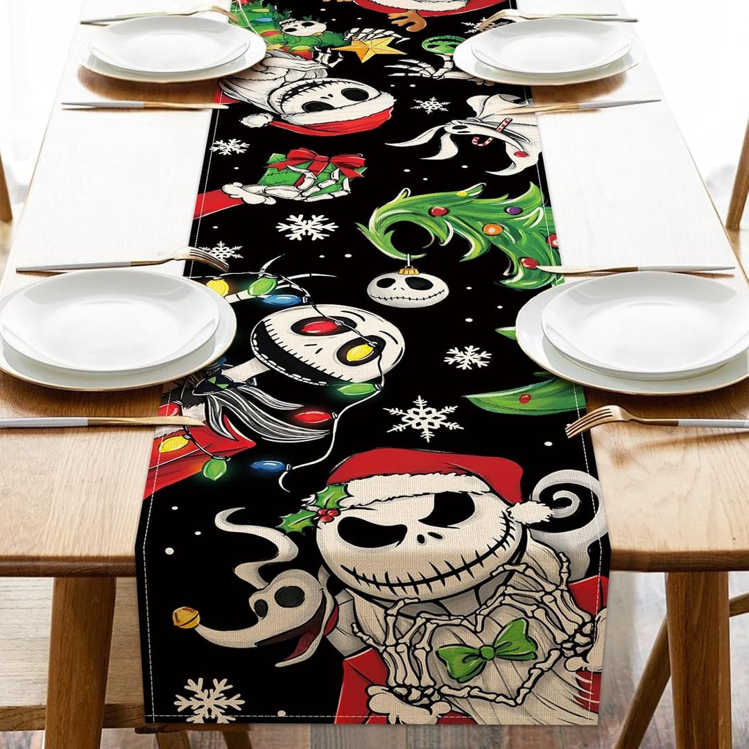 Christmas Jack Table Runner, Xmas Tree Kitchen Dining Table Decoration, Funny Holiday Winter Burlap Indoor Outdoor Home Decor Party Supply 13 x 72 Inches