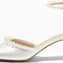 Coutgo Womens Pearl Kitten Heels Closed Pointed Toe Wedding Bride Dress Shoes Ankle Strap Satin Pumps (White, 10)