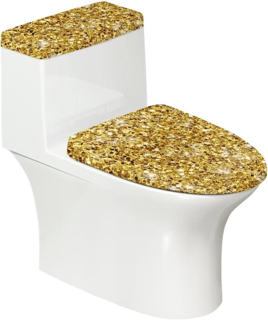 Gold Print Without Bling Toilet Lid Cover and Toilet Tank Lid Cover Sets Reusable Washable Toilet Seat Covers Fits Most Toilet Tanks and Lids Easy to Install Home Decor for Women