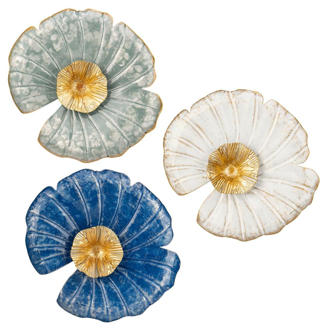 11.8" Metal Wall Decor Pack of 3, Floral Wall Art Decor Wall Sculptures Modern Accent, Wall Hanging Decorations for Home Office Dining Room Bedroom Living Room Blue Kitchen Wall Decor, White and Gold