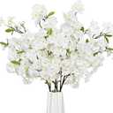 Sunm Boutique White Cherry Blossom Flowers, Artificial Cherry Blossom Decor Faux Cherry Blossom Branches Vase Arrangements for Wedding Home Party Kitchen Decor, Set of 3 (White With Leaves)