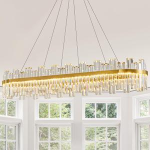 Gold Led Modern Crystal Chandelier, Rectangle Linear Dining Room Chandelier | 52" Large Luxury Rectangular Dining Room Light Fixture over Table,3 Color Dimmable Contemporary Chandelier for Living Room