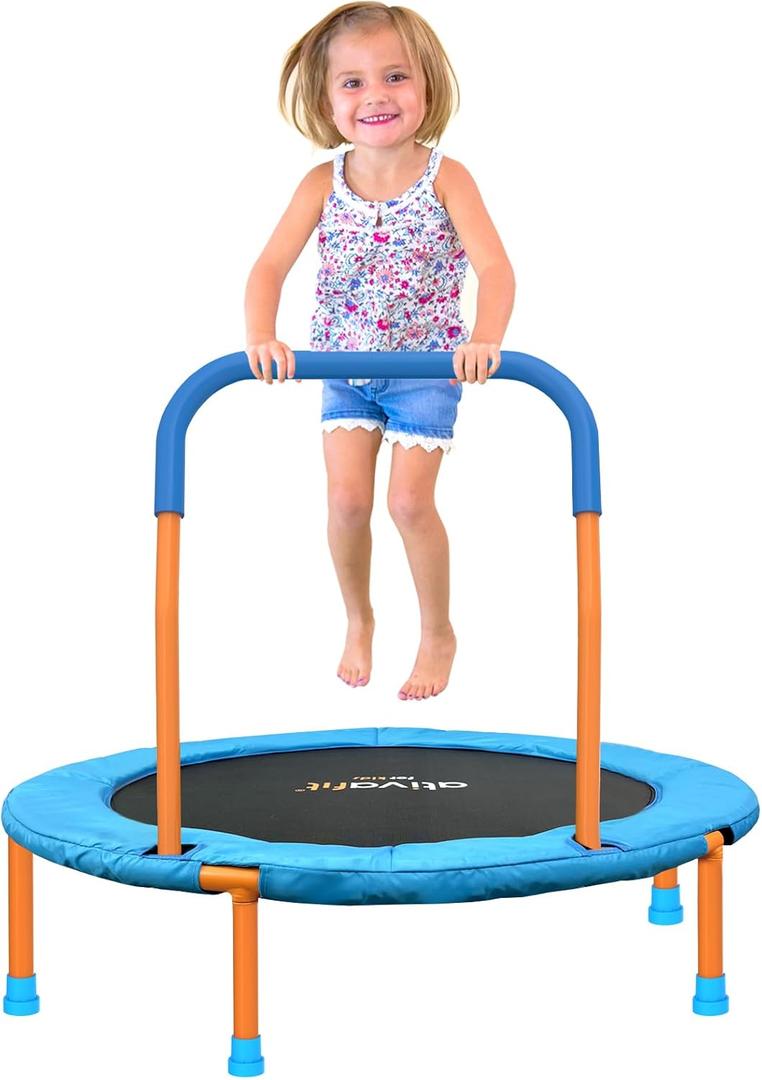 Ativafit 36inch Mini Toddler Trampoline for Kids Ages 2-6 Indoor Outdoor Folding Small Rebounder Trampoline with Foam Handle Safety Padded Cover Fun for Kids (Orange and Blue)