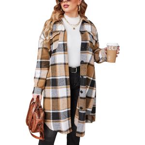 IN'VOLAND Womens Flannel Plaid Shirts Plus Size Long Sleeve Lounge Khaki Brown Long Button Down Jacket Shacket Coats 16W