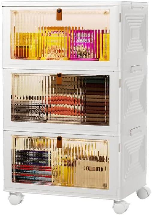 3 Tier Plastic Storage Bins with Lids 35QT, Stackable Storage Containers with Wheels, Folding Storage Boxes, Collapsible Storage Bins, Closet Organizers and Storage for Living Room,Office,Dorm (White)