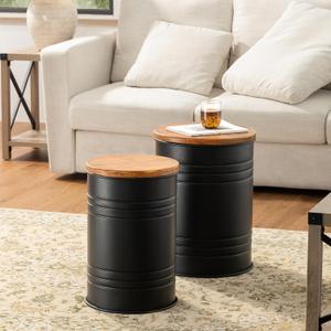 Glitzhome Rustic End Table Set of 2, Farmhouse Galvanized Metal Barrel Ottoman Storage Stool with Round Wood Lid for Living Room Furniture, Black