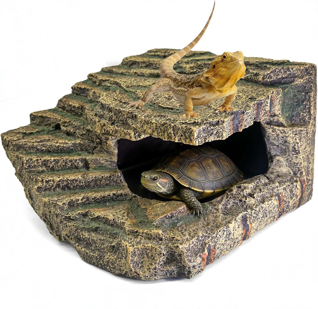 Resin Reptile Hideouts Cave Habitat Decor for Gecko Leopard Lizards Toad Turtle (B- Extra Large