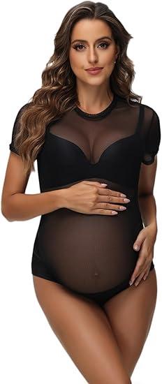 JustVH Maternity Bodysuit for Photoshoot Sheer Mesh Pregnancy Bodysuit Maternity Photography Outfits  (X-Large, Black)