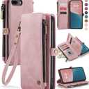 Defencase Compatible with iPhone 8 Plus/ 7 Plus Case Wallet with Card Holder for Women Men, PU Leather Magnetic Snap Flip Zipper Strap Phone Cover, Rose Pink