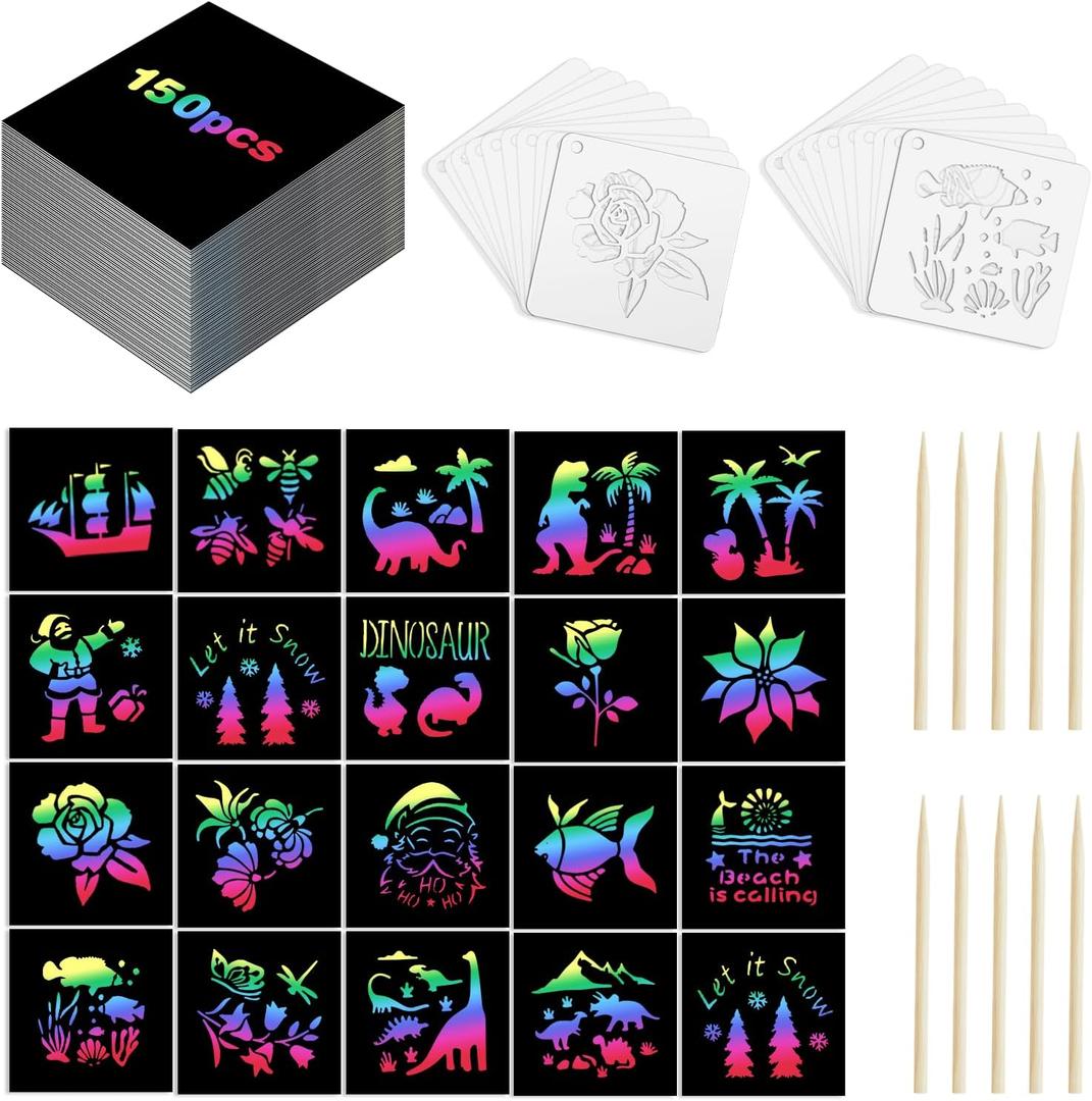 Eommmgl-180 Rainbow Scratch Paper Set,Scratch Art for 4-12 Kids, Mini Notes Arts and Craft Supplies,Matching Random Personalized Stencils Christmas GiftSchool Classroom Activities, Travel Carrying.
