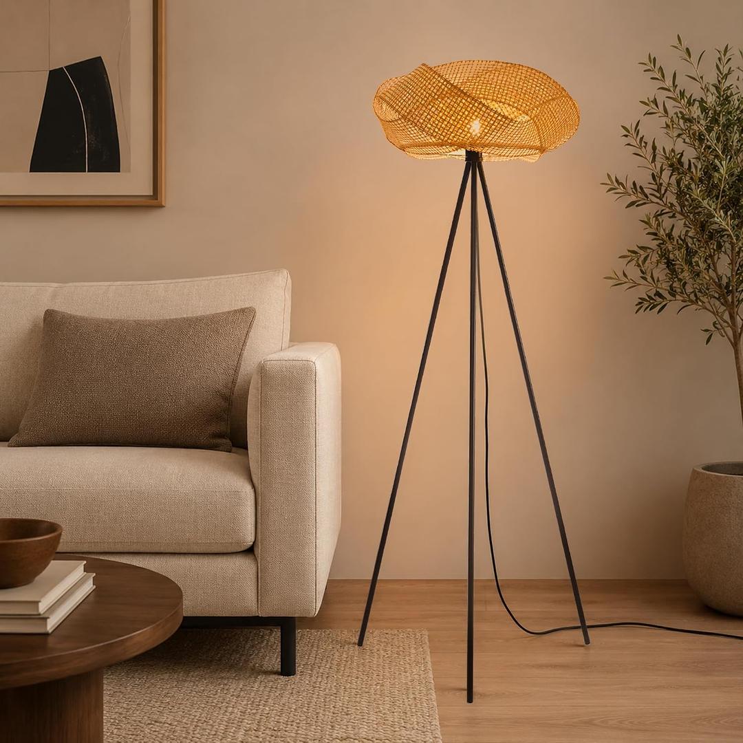 Tripod Floor Lamp for Living Room, Boho Bamboo Standing Lamp
