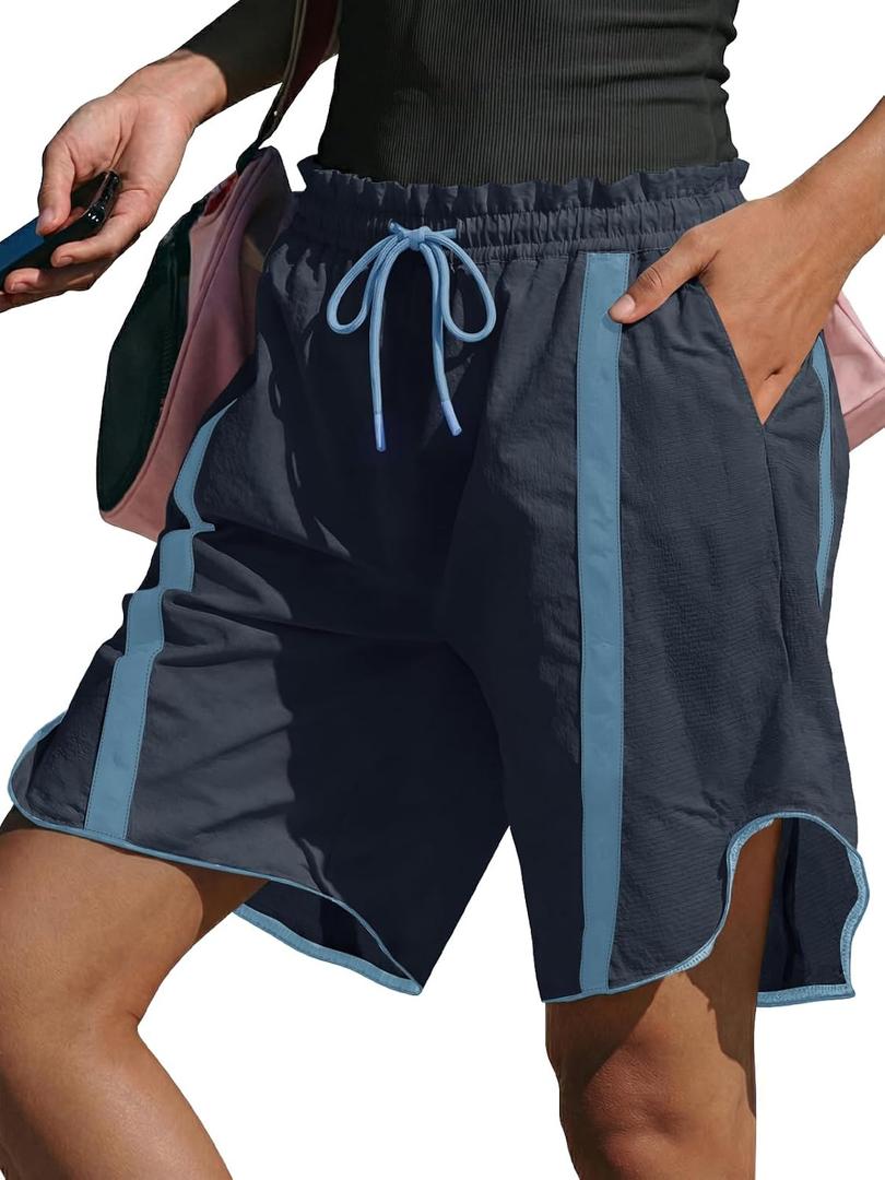 Fisoew Women's Baggy Cargo Shorts Casual Wide Leg Knee Length Drawstring Elastic Waist Workout Running Athletic Yoga Shorts, XL
