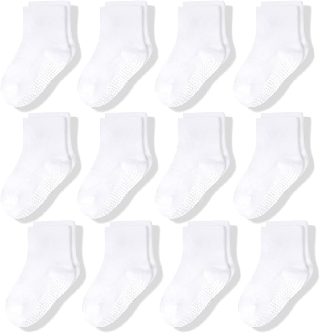 CozyWay Kids Socks With Grippers Non Slip Crew Grip Socks for Girls and Boys Soft Comfy Cotton Unisex - 12 Pack (5-7 Years, White)