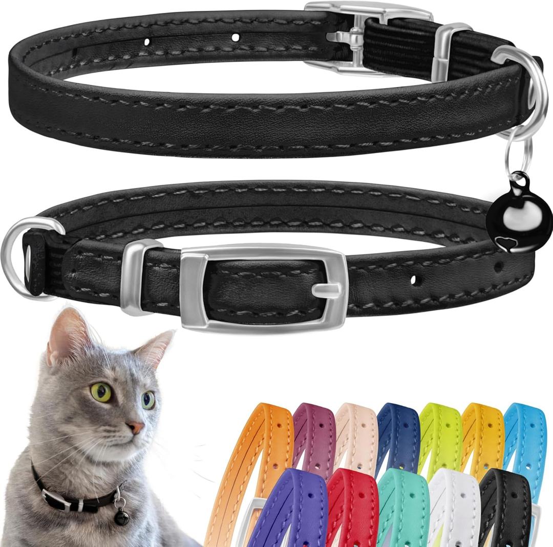 CollarDirect Leather Cat Collar, Kitten Collar with Removable Bell Black Blue Red Orange Lime Green (8-11 Inch, Black)