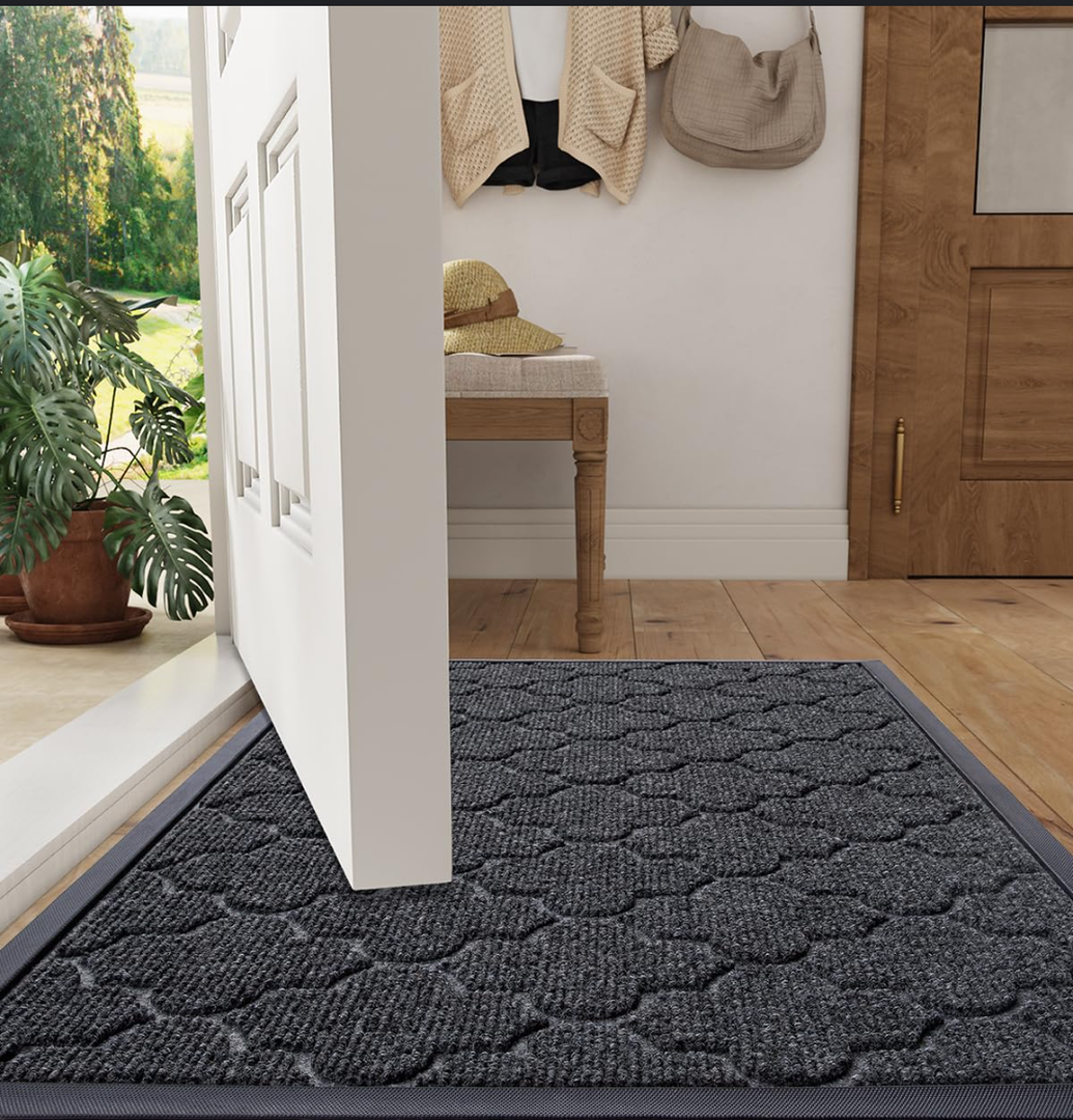 LUMI Large Thin Door Mat, Low Profile Front Doormats for Entryway, Absorbent Mud Resistant Outside Welcome Mats, 36"x60", Quatrefoil Grey