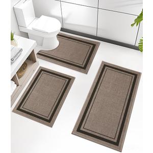 chakme Bathroom Rug Sets 3 Piece, Ultra Thin Bath Mat Absorbent, Non Slip, Machine Washable, Dark Beige, 17" x 24" / 17" x 30" / 17" x 59"