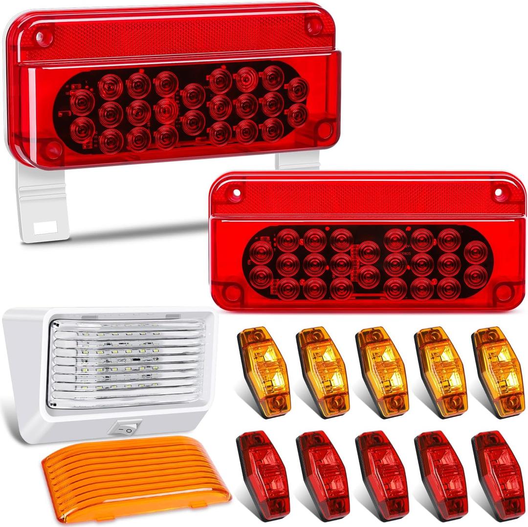 LINKITOM LED Trailer Light Kit, 2-Pack RV Camper Tail Lights with Red Reflector, 10pcs Side Marker Lights, and RV Porch Light - for Trailers, RVs, Campers, IP67 Waterproof