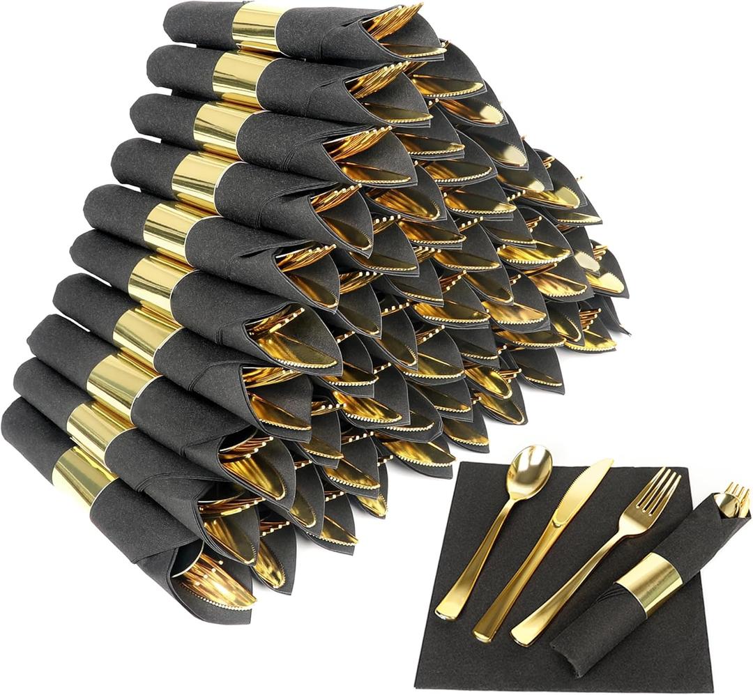 60 Pack Pre Rolled Gold Plastic Silverware Set,Wrapped Plastic Cutlery Set with Napkin Include 60 Forks,60 Spoons,60 Knives and 60 Black Napkins for Party, Wedding,Christmas