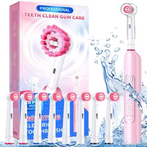 TEETHEORY Rotating Electric Toothbrush for Adults with 8 Brush Heads, Deep Clean Rechargeable Electric Toothbrush with 4 Modes and 2 Min Smart Timer, Last 30 Days and IPX7 Waterproof Pink (1 Count (Pack of 1))