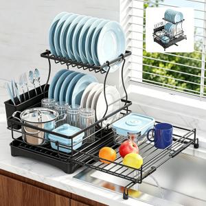 2 Tier Dish Drying Rack, Large Extendable Dish Racks for Kitchen Counter , Dishrack with Drainboard, 2-in-1 Anti-Rust Stainless Steel Dish Drainer with Utensil Holder (Black, double of Dish Rack), double-tier dish rack 16.7"w X14.8"H 12.8"-20.8"