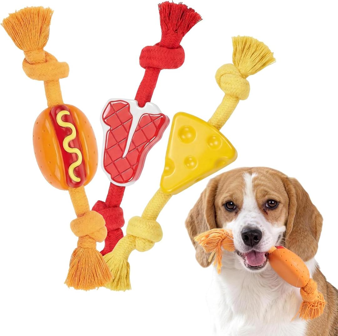 FOFOS Dog Chew Toys for Aggressive Chewers, 3 Pack Rubber Dog Rope Toys, Tough Toys for Boredom Relief and Cleaning Teeth, Indestructible Tug of War Toys for Small Medium Dogs