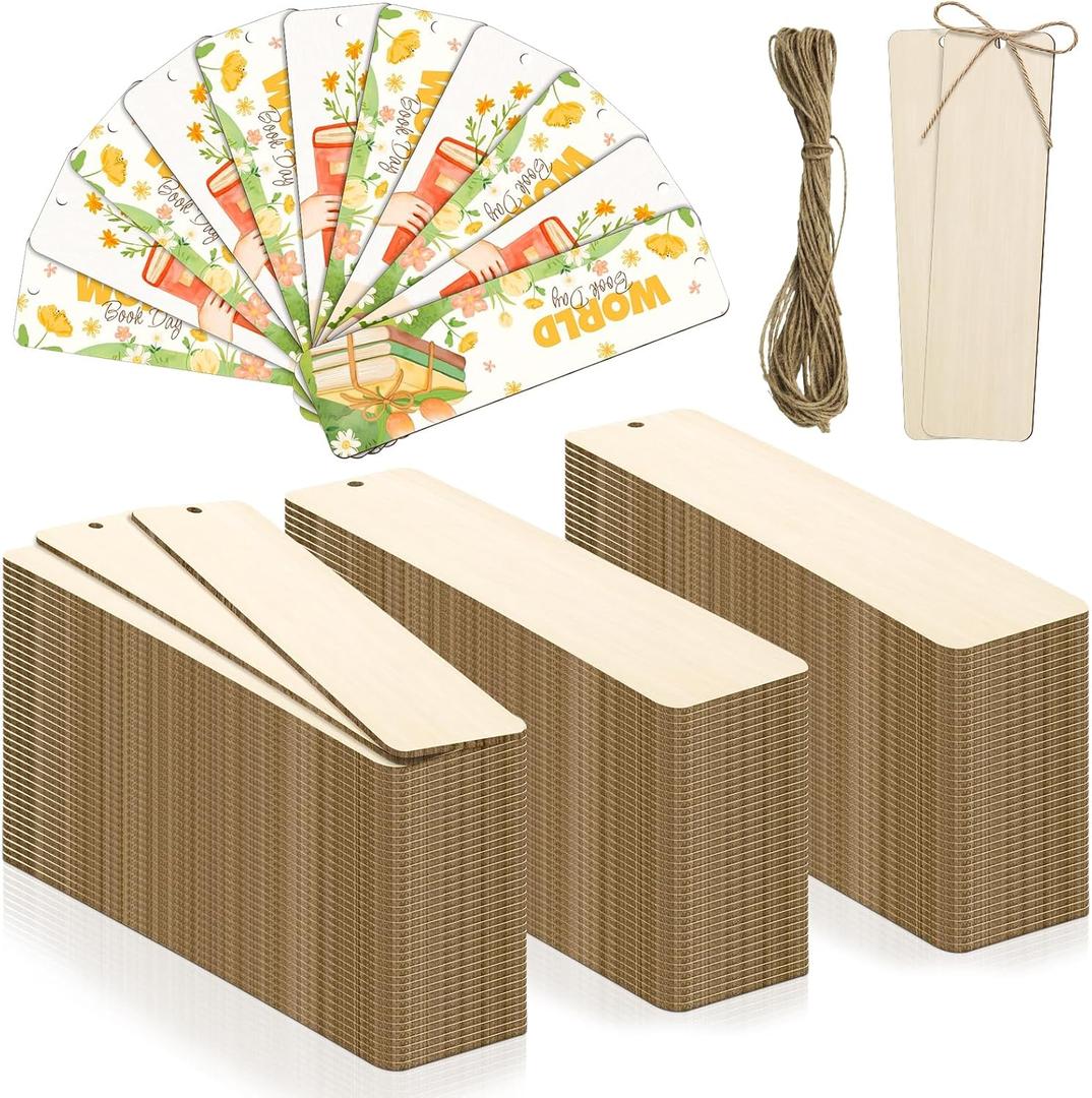 120 PCS Wood Blank Bookmarks Set - Unfinished Wooden Bookmarks with 10m Rope, Hanging Labels for Crafts and Decorations