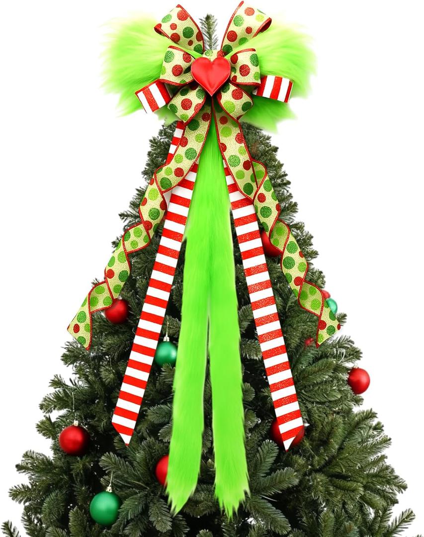 Red Green Christmas Tree Topper Bow 45"x13" Large Furry Bow Tree Topper Christmas Green Elf Decorations Furry Monster Elf Ornaments for Holiday Xmas Ornament Indoor Outdoor Decoration