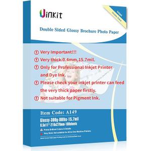 Uinkit 100 Sheets 8.5x11 Letter Size Thick Heavyweight Photo Paper Double Sided Glossy Cardstock 80LB 300Gsm 15.7Mil Brochure, Only for professional Inkjet Printer and Dye Ink