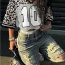 BEAUDRM Womens Leopard Print Short Jersey Shirts Half Sleeve Sports Streetwear (Gray, M)