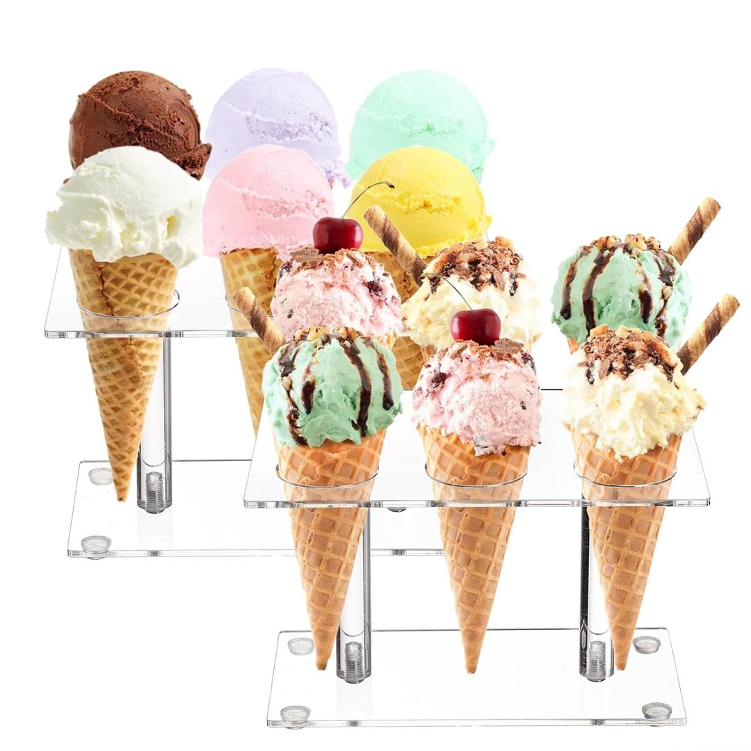 Youeon 2 Pack Acrylic Ice Cream Cone Holder with 6 Holes, Clear Waffle Cone Holder Stand, Sushi Hand Roll Stand for Party, Wedding, Bakery, Treat Table, Candy Buffet, Easy to Assemble