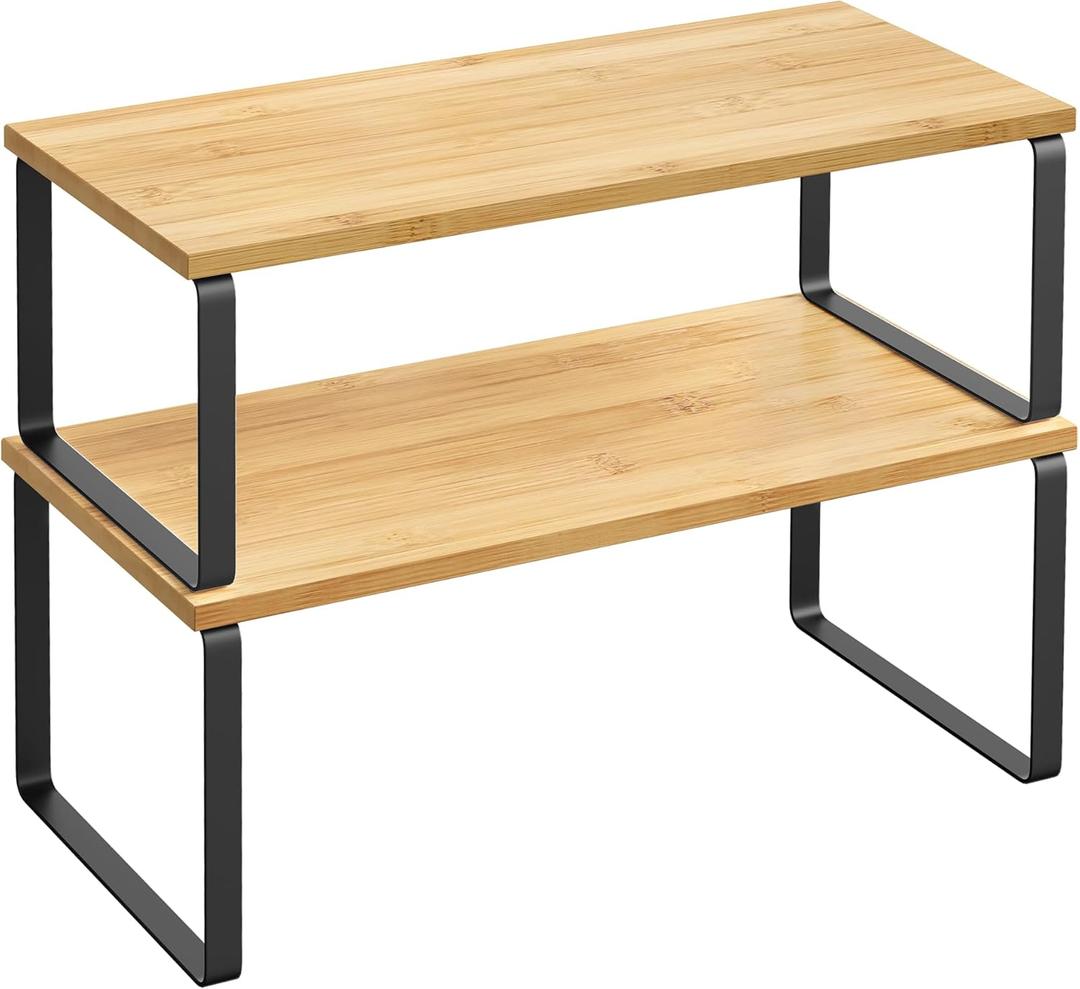 SONGMICS Cabinet Organizer Shelf, Set of 2 Kitchen Counter Shelves, Kitchen Storage, Spice Rack, Stackable, Expandable, Metal and Engineered Wood, Ink Black and Natural Beige UKCS200B01 (15.6"W)