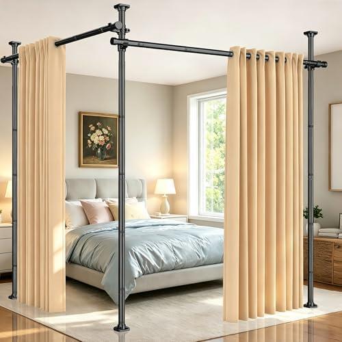 SUNALLY Room Divider Tension Curtain Rod, No Drilling Room Separator for Space Partition, 4-10ft(H) 32-200inch(W) Adjustable Heavy Duty Temporary Wall Divider Floor to Ceiling Tension Rod, Black