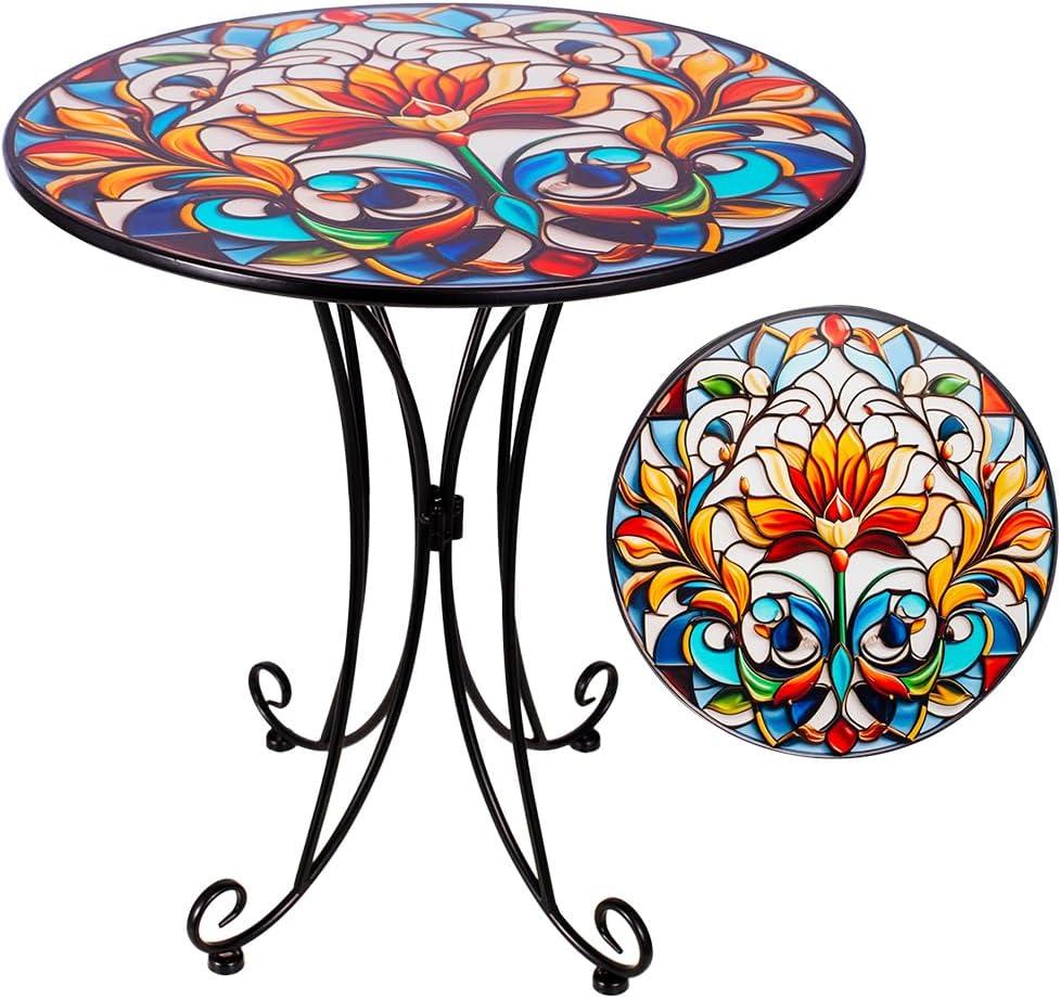 18" Outdoor Side Table, Mosaic Metal Accent Table, Indoor Small Round End Tables, Plant Stand Tables for Outside Yard Balcony Garden Bedside
