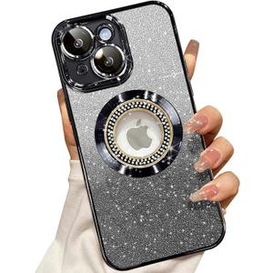 Misscase for iPhone 14 Magnetic Glitter Case Compatible with MagSafe,Full Protection Slim Shockproof Anti-Scratch Case with Camera Lens Protector Logo View Dust-Proof Net for Women Black