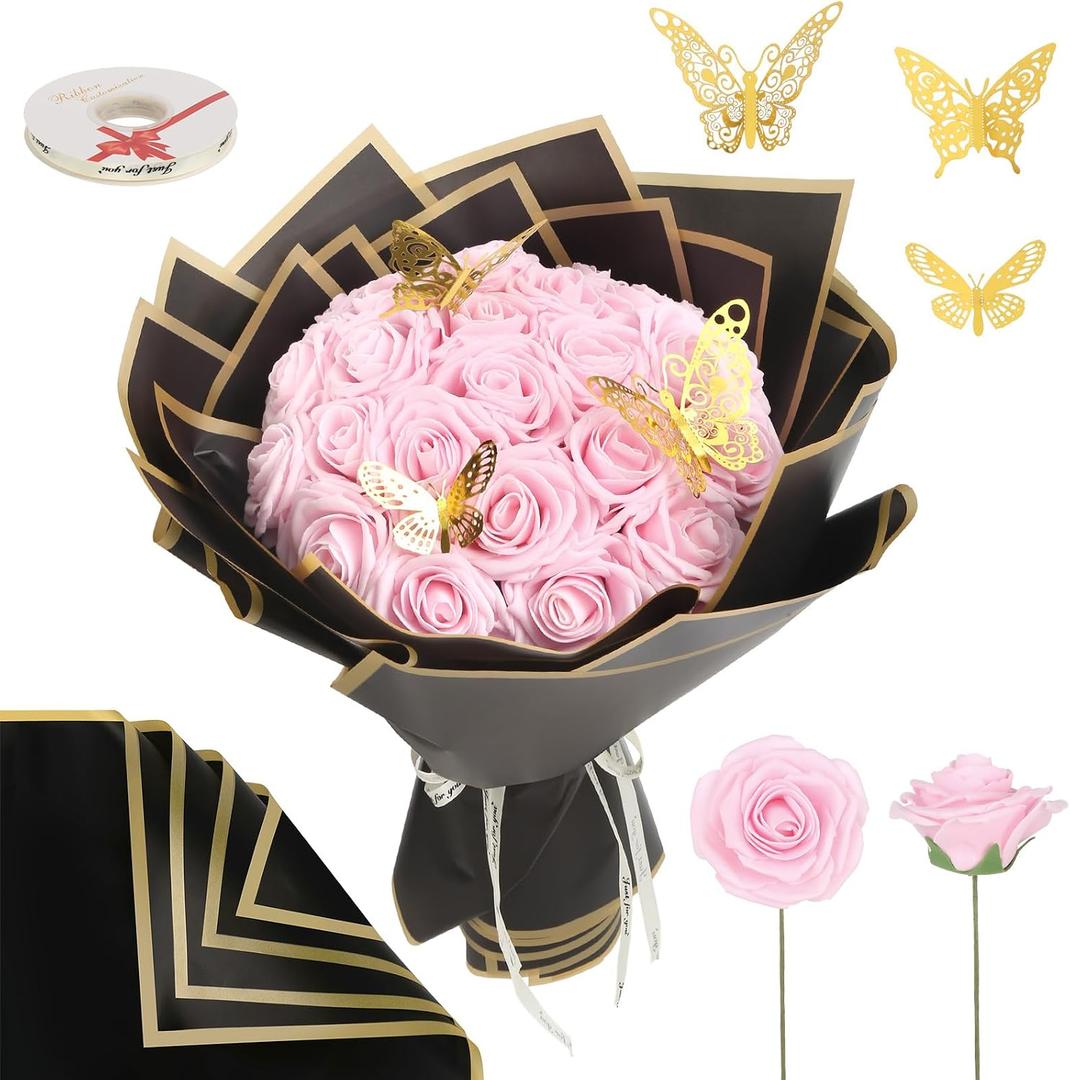 Artificial Roses 25PCS Pink Roses 3.15" Foam Flowers Bulk with Wrapping Paper, Butterfly Real Looking Light Pink Fake Flowers for Valentines, Anniversary,Mother's Day Birthday Wedding