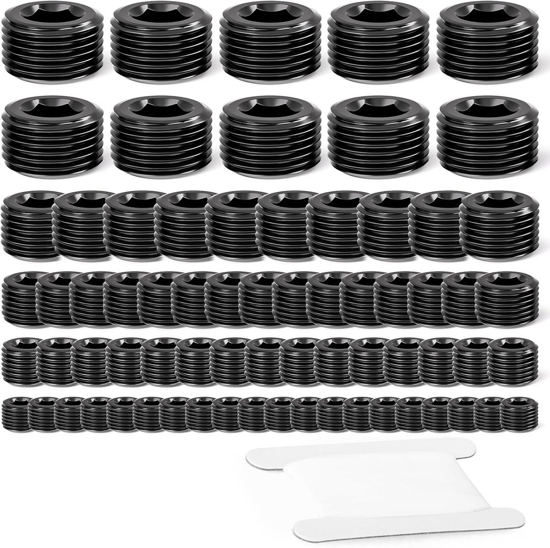 GASHER 70Pcs Carbon Steel Pipe Plug Fitting Internal Hex Thread Socket Pipe Plug Set, 1/8" 1/4" 3/8" 1/2" 3/4" NPT