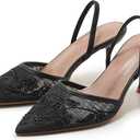 Embroidered Mesh Slingback Heels for Women White Pearl Kitten Heel Pumps Pointed Toe Backless Wedding Shoes (8, Black)