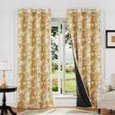 FMFUNCTEX 100% Blackout Floral Curtains for Bedroom, Mustard Yellow Curtain 84 inches Long Blossom Patterned for Living Room, Thermal Insulated Farmhouse Drapes, Grommet Top 2 Panels (White on Yellow)