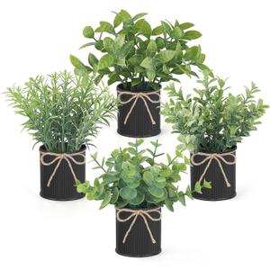Mkono 4 Packs Small Fake Plants in Farmhouse Galvanized Pots Table Centerpiece Mini Potted Artificial Plants Faux Eucalyptus for Shelf Office Rustic Home Decor (Black, Mini-6" H)