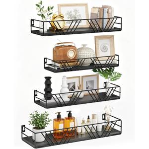 Floating Shelves for Wall, 4 Sets Rustic Wall Mounted Shelves with Metal Frame, Hanging Storage Shelf Set for Bedroom, Living Room, Bathroom, Kitchen, Home Decor, Black